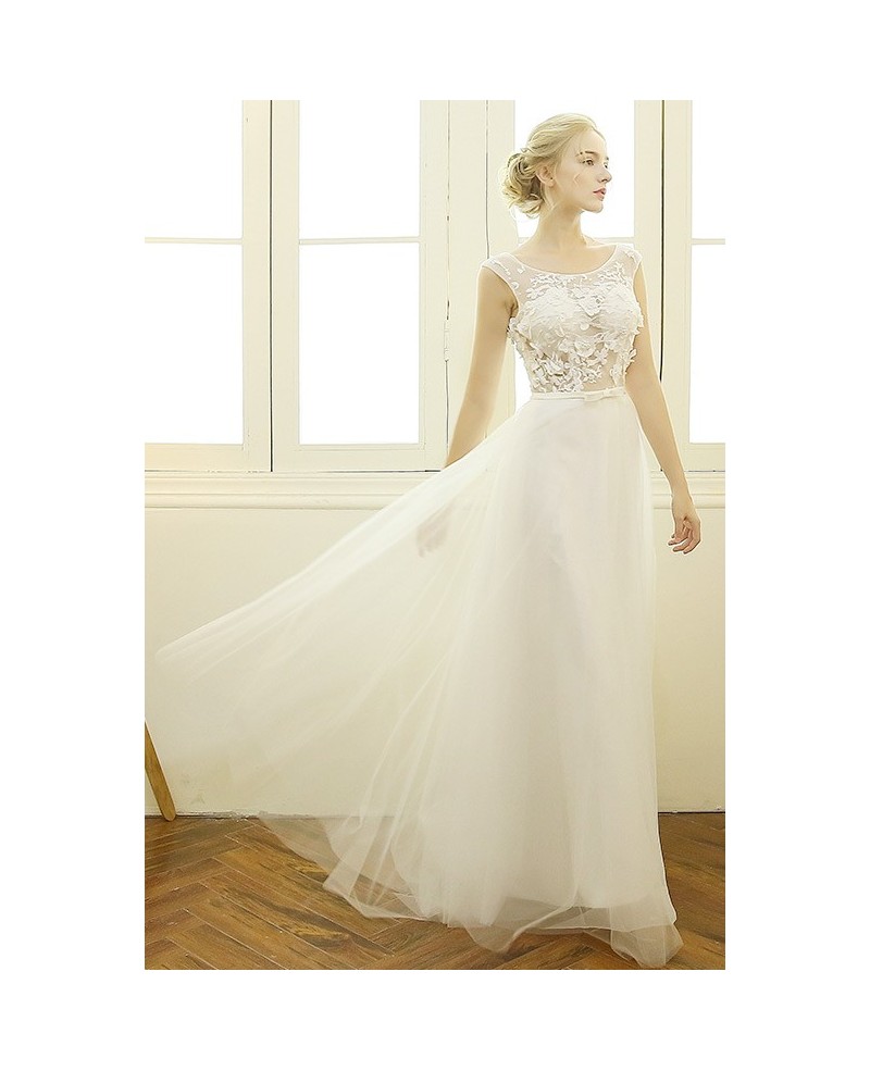 Trendy A-line Scoop Neck Sweep Train Tulle Boho Wedding Dress With Appliques Lace