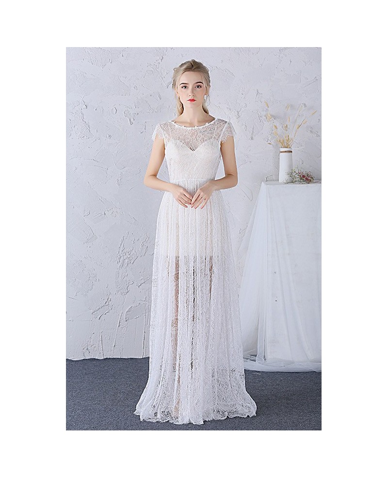 A-line Scoop Neck Floor-length Boho Lace Wedding Dress With Cap Sleeves