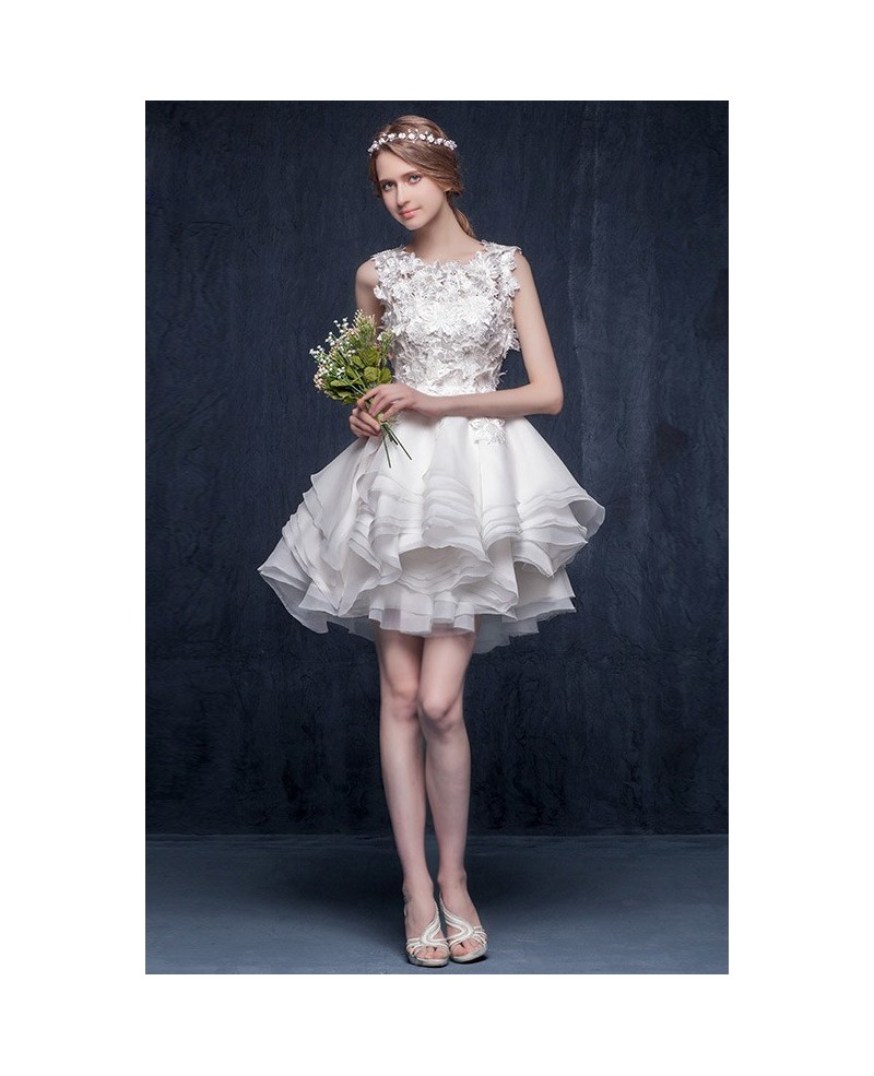 Unique A-line Scoop Neck Short Organza Ruffled Wedding Dress With Appliques Lace