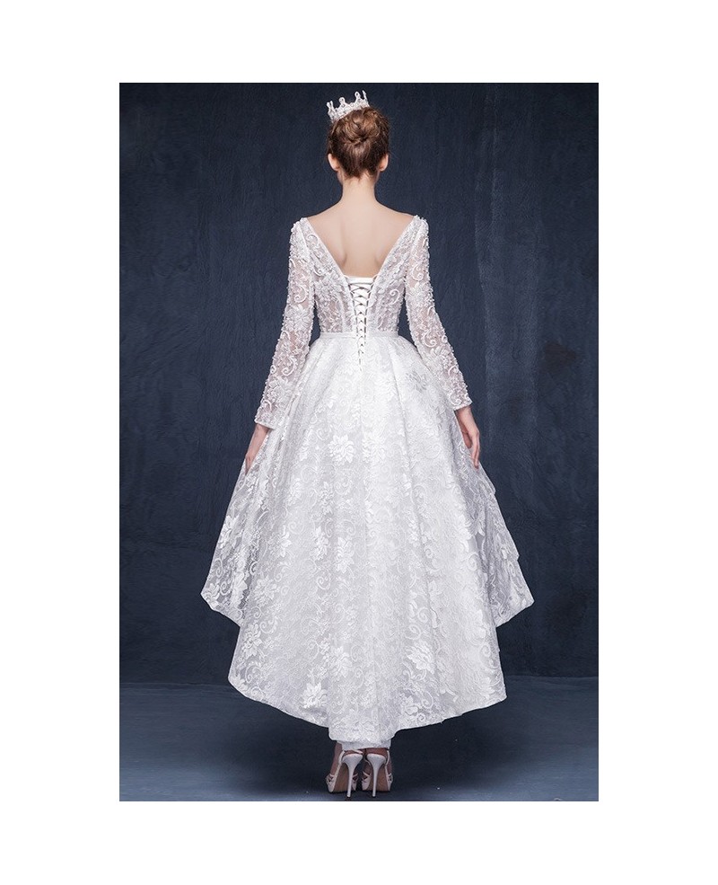 Gorgeous A-line Scoop Neck High Low Lace Wedding Dress With Long Sleeves