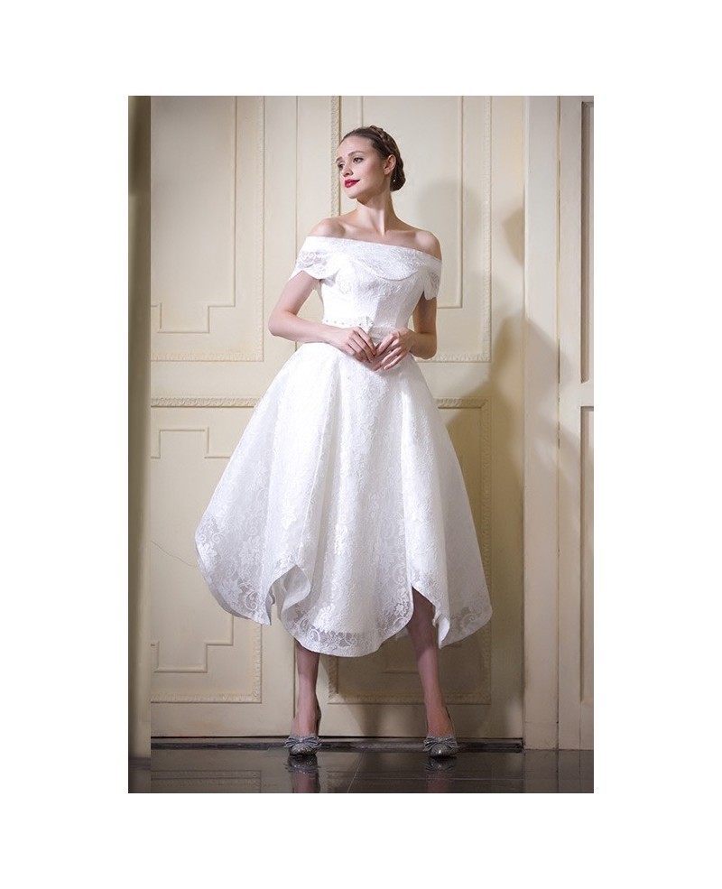 Fancy A-line Off-the-shoulder Tea-length Lace Wedding Dress