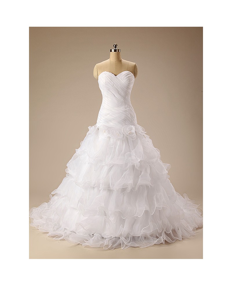 Ball-Gown Sweetheart Court Train Organza Prom Dress With Cascading Ruffles - Click Image to Close