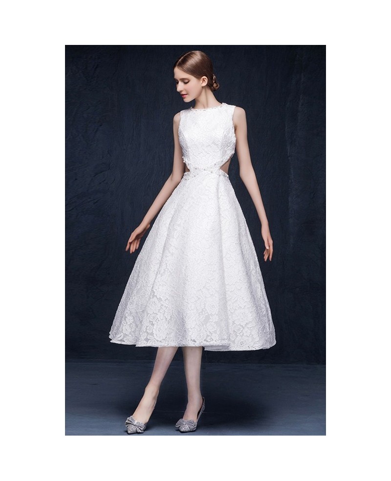 A-line High Neck Tea-length Unique Lace Cutout Wedding Dress