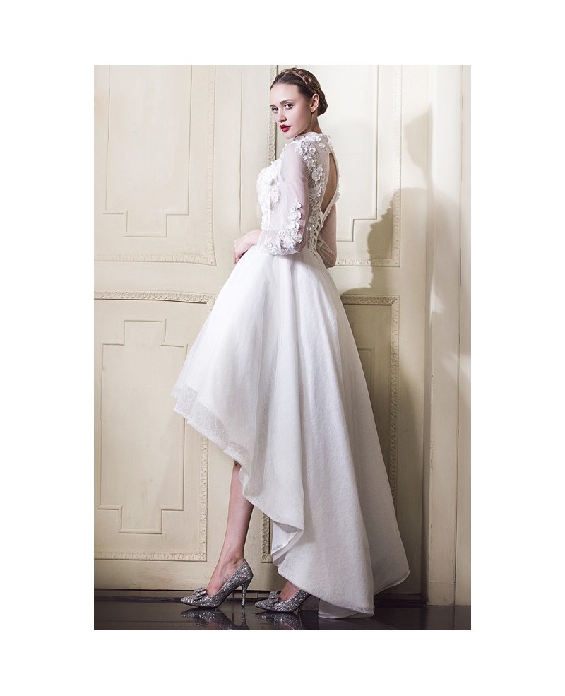 Fancy A-line High Neck High Low Lace Wedding Dress With Long Illusion Sleeves