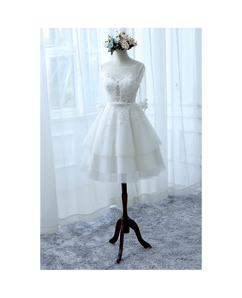 A-line Scoop Illusion Neck Short Tulle Wedding Dress With Appliques Lace