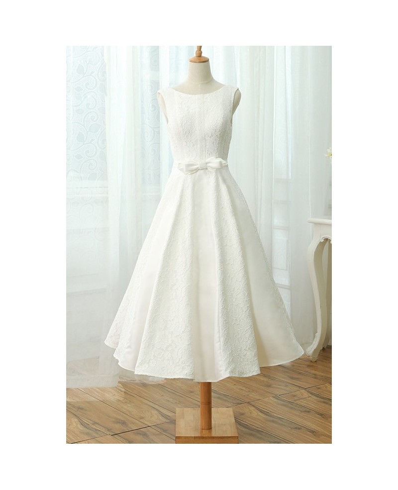 A-line Scoop Neck Tea-length Lace Wedding Dress with Bow Sash