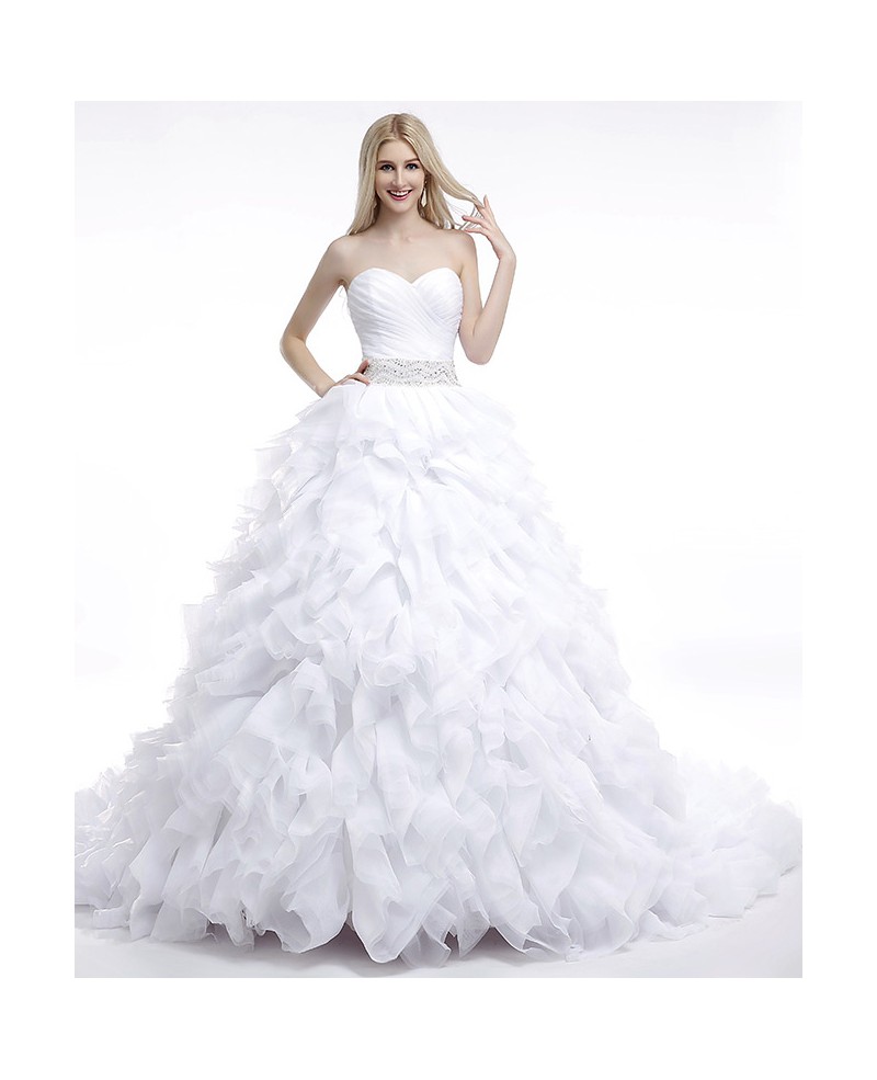 Ball-Gown Sweetheart Court Train Organza Dress With Cascading Ruffles Beading - Click Image to Close