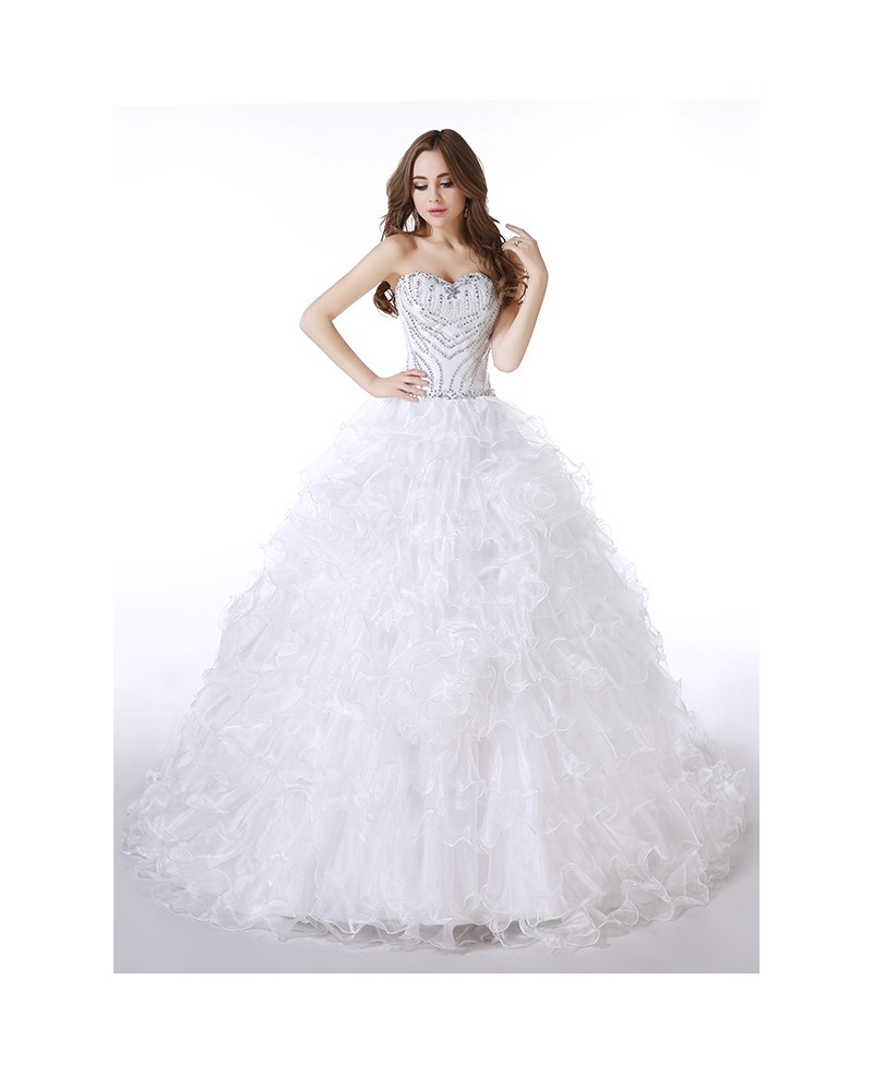 Ball-Gown Sweetheart Sweep Train Tulle Wedding Dress With Cascading Ruffles Beading