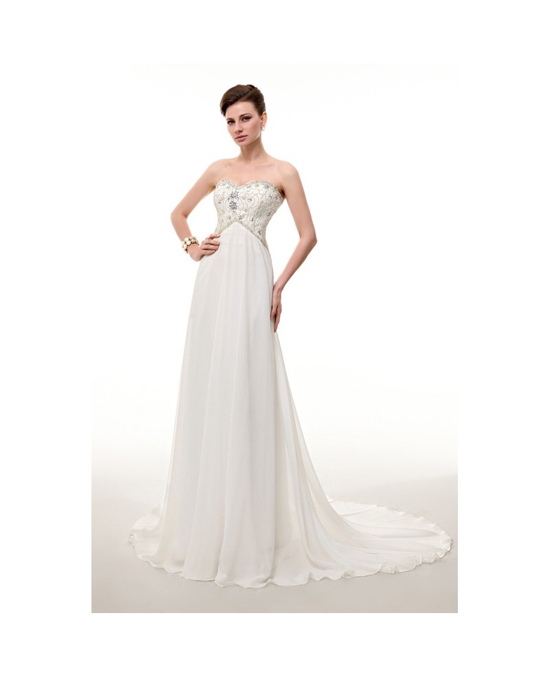 Empire Sweetheart Sweep Train Chiffon Dress With Beading - Click Image to Close
