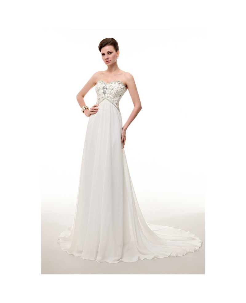 Empire Sweetheart Sweep Train Chiffon Dress With Beading