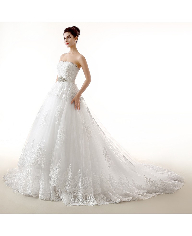 Ball-Gown Sweetheart Chapel Train Tulle Wedding Dress With Appliques Lace Beading