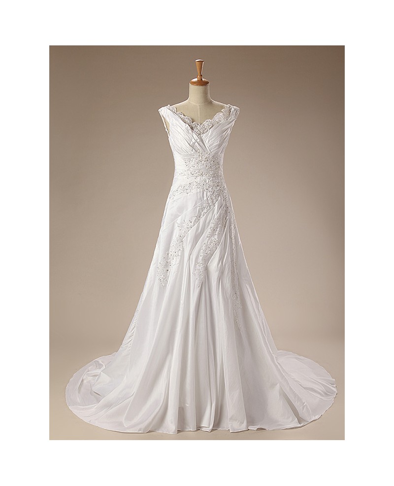 A-Line V-neck Court Train Satin Wedding Dress With Beading Appliques Lace - Click Image to Close