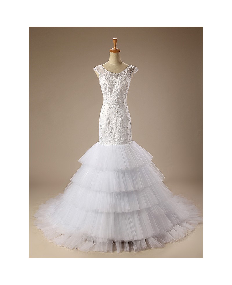 Mermaid Scoop Neck Court Train Tulle Wedding Dress With Ruffles Appliques Lace - Click Image to Close