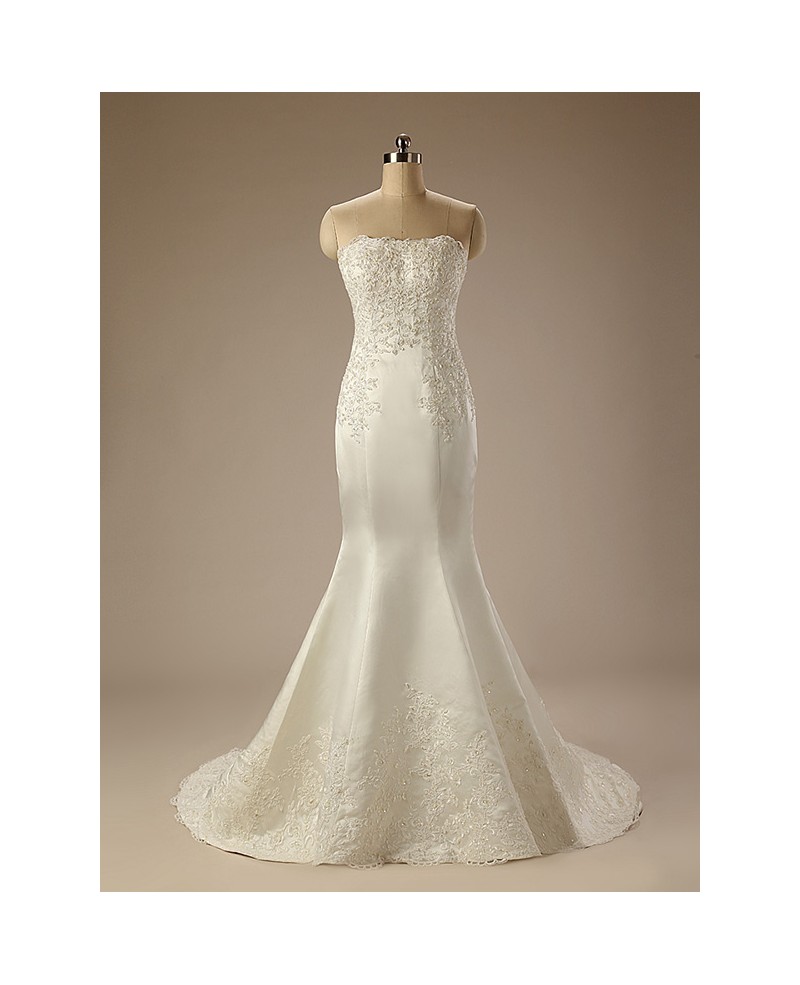 Mermaid Strapless Sweep Train Satin Wedding Dress With Beading Appliques Lace - Click Image to Close