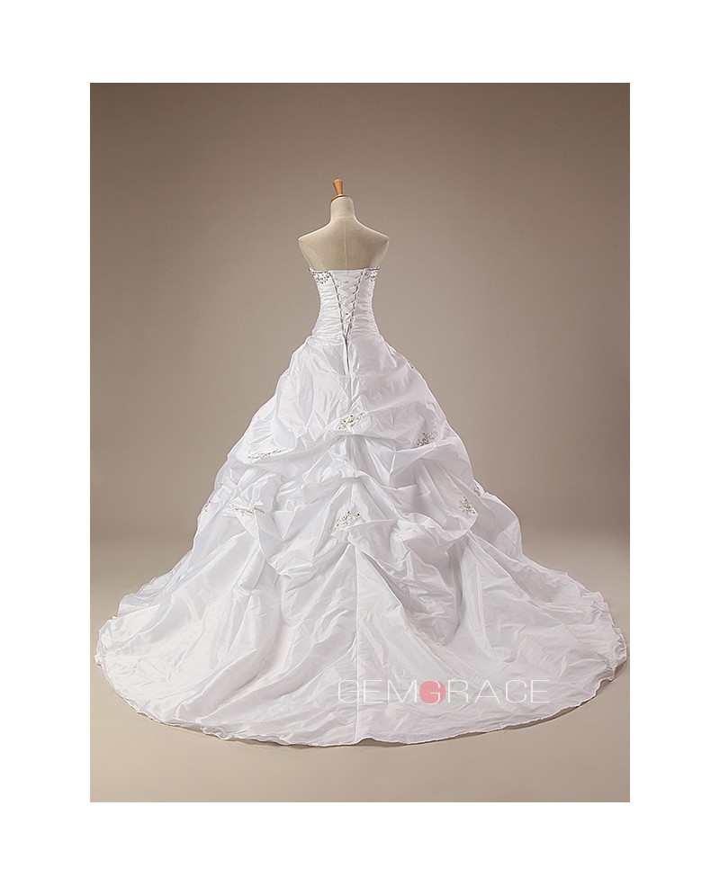 Ball-Gown Strapless Chapel Train Taffeta Wedding Dress With Ruffles Beading