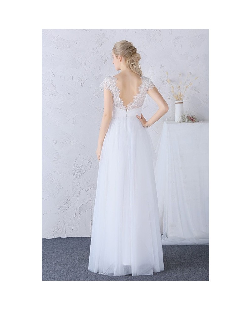 Modest High Lace Neckline Long Tulle Boho Wedding Dress Cap Sleeves