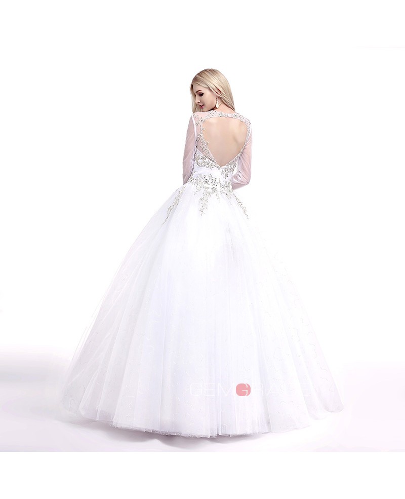 Ball-Gown V-neck Sweep Train Tulle Wedding Dress With Beading