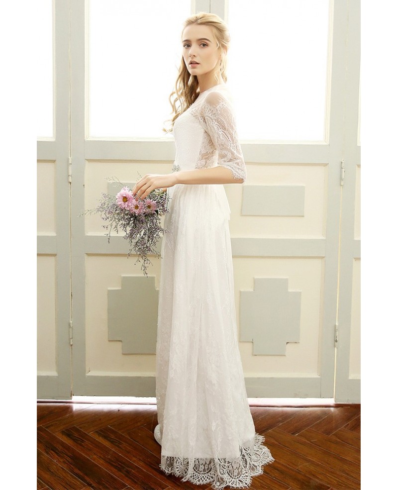 Illusion High Neck Beaded Lace Boho Wedding Dresses with Half Sleeves