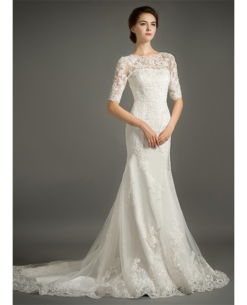 Feminine Mermaid High-neck Sweep Train Tulle Wedding Dress With Appliques Lace