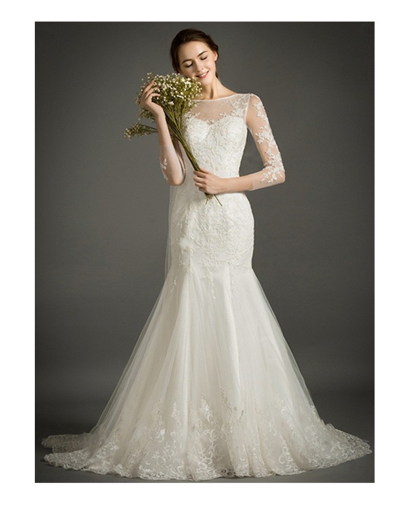 Feminine Mermaid High-neck Court Train Tulle Wedding Dress With Appliques Lace