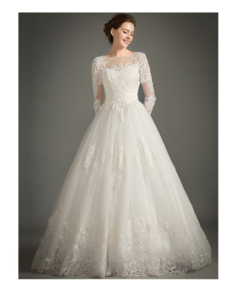 Classic A-Line High-neck Floor-length Tulle Wedding Dress With Appliques Lace