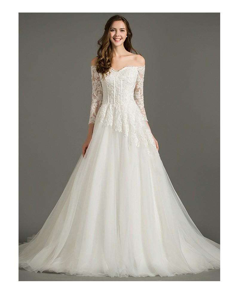 Dreamy A-Line Off-the-Shoulder Court Train Tulle Wedding Dress With Lace Sleeves