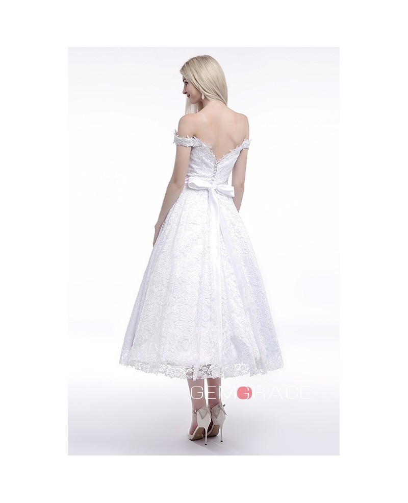 A-Line Off-the-Shoulder Tea-Length Lace Wedding Dress - Click Image to Close