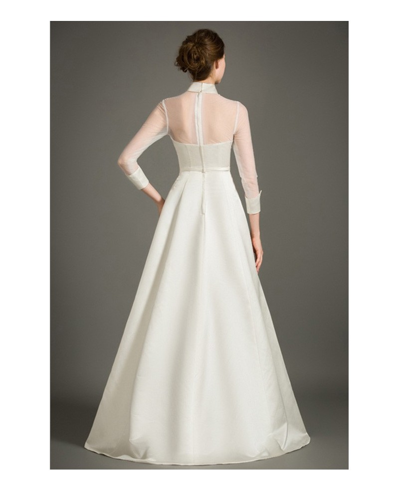 Modest A-Line High-neck Floor-length Satin Wedding Dress With Half Sleeves