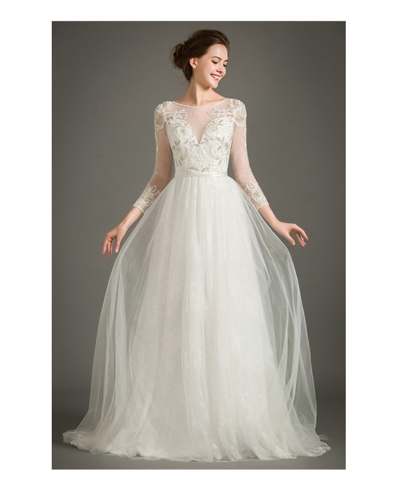 Special A-line High-neck Sweep Train Tulle Wedding Dress With Embroidery Sleeves