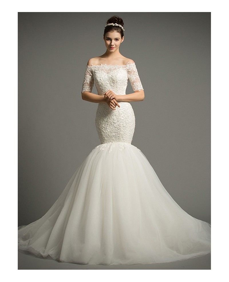 Dreamy Mermaid Off-the-Shoulder Chapel Train Tulle Wedding Dress With Appliques Lace