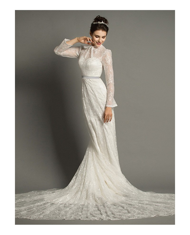 Modest A-Line High-neck Cathedral Train Lace Wedding Dress With Long Sleeves