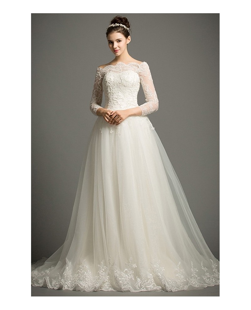 Classic Ball-gown Off-the-shoulder Cathedral Train Tulle Wedding Dress With Lace Sleeves