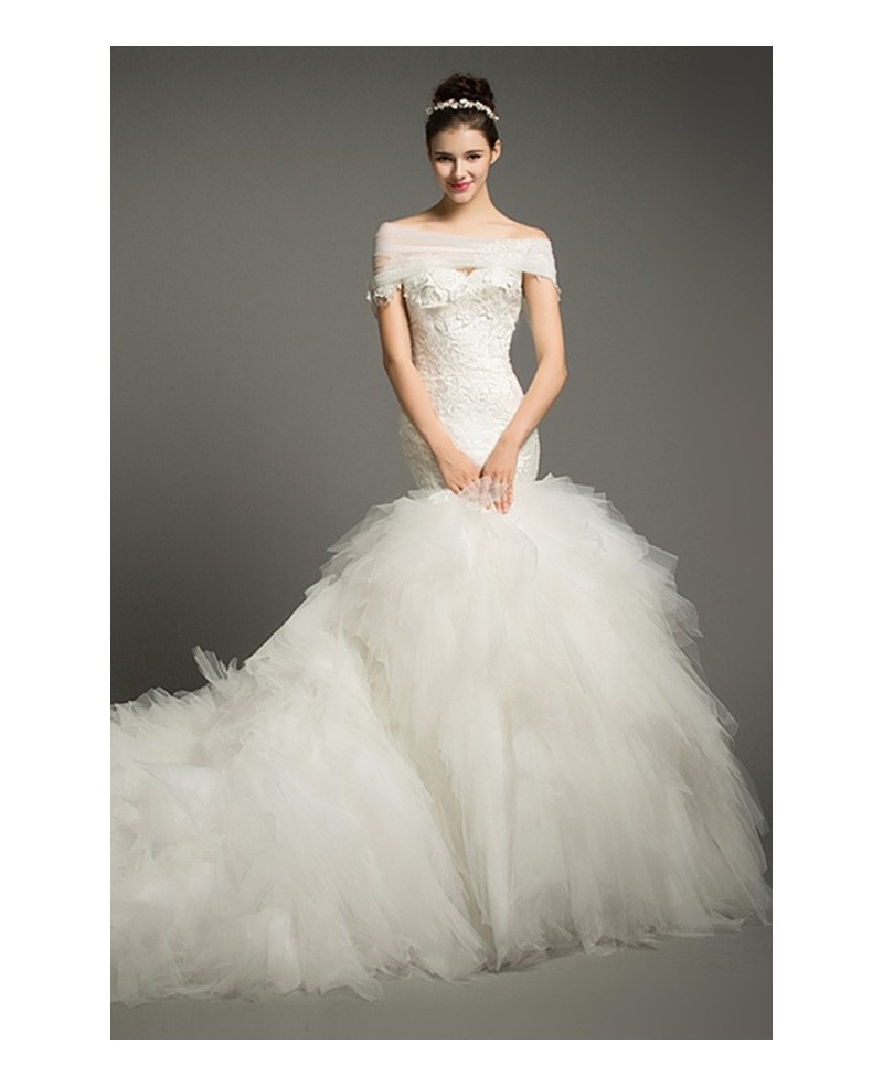 Luxury Mermaid Sweetheart Cathedral Train Tulle Wedding Dress With Cascading Ruffle