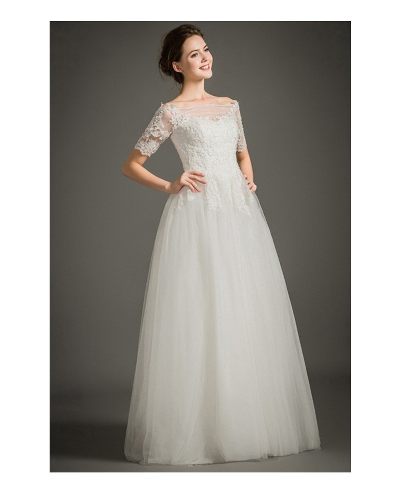 Modest A-Line Off-the-shoulder Floor-length Lace Tulle Wedding Dress With Short Sleeves