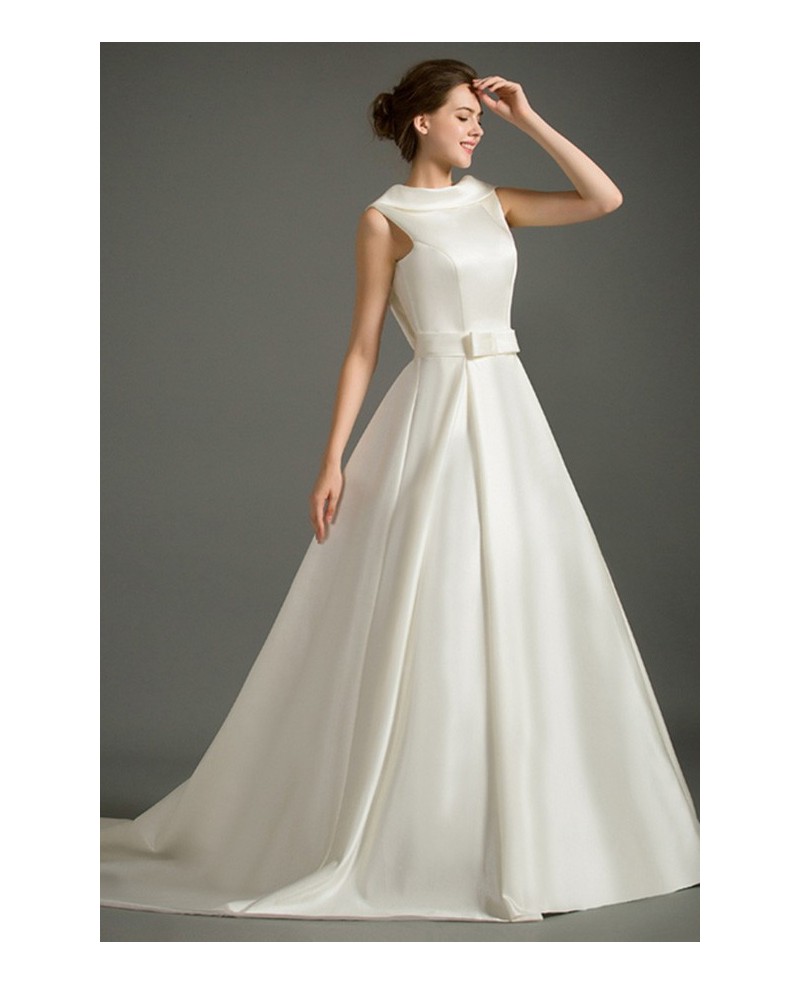 Classic Ball-gown High-neck Court Train Satin Wedding Dress With Open Back