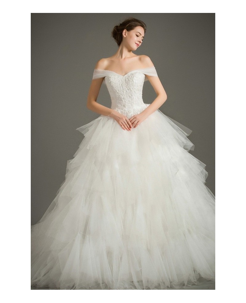 Dreamy Ball-gown Off-the-Shoulder Chapel Train Tulle Wedding Dress With Cascading Ruffle