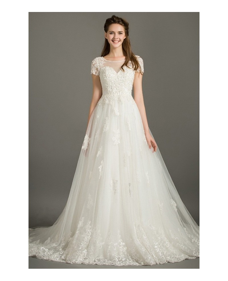Modest Ball-gown Scoop Neck Court Train Lace Tulle Wedding Dress With Short Sleeves - Click Image to Close