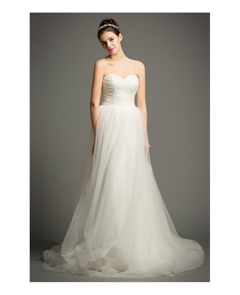 Simple A-Line Sweetheart Court Train Tulle Wedding Dress With Ruffle