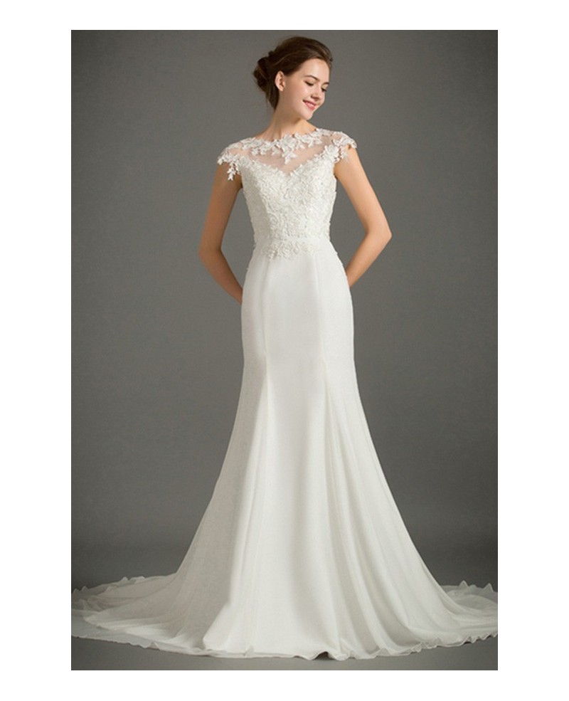 Feminine Mermaid High-neck Sweep Train Satin Wedding Dress With Cap Sleeve - Click Image to Close