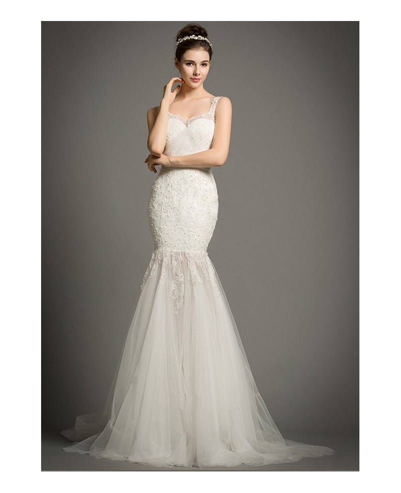 Sexy Mermaid Sweetheart Sweep Train Tulle Wedding Dress With Appliques Lace - Click Image to Close