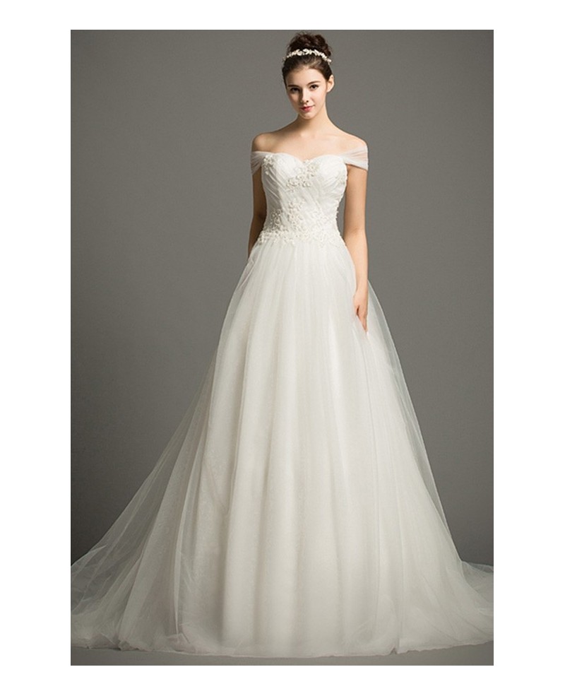 Dreamy Ball-gown Off-the-Shoulder Court Train Tulle Wedding Dress With Beading