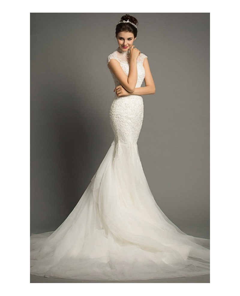 Elegant Mermaid High-neck Court Train Lace Tulle Wedding Dress With Cap Sleeve - Click Image to Close