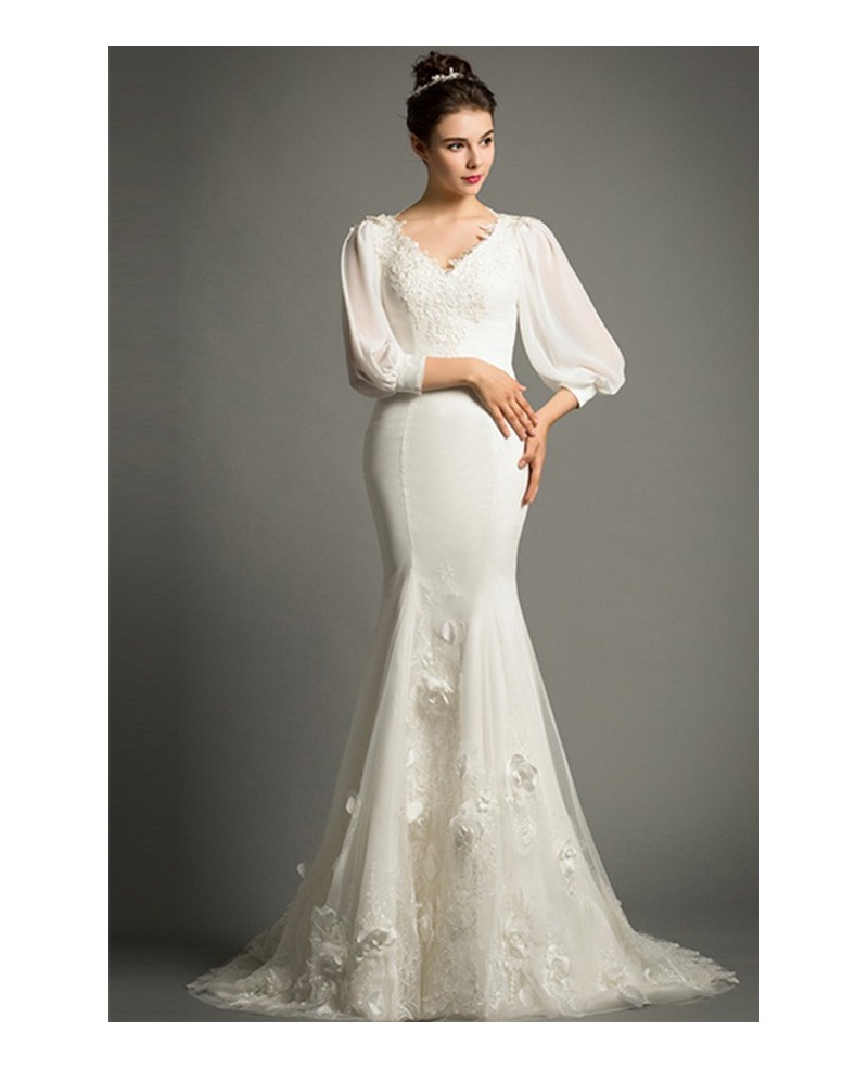 Elegant Mermaid V-neck Sweep Train Satin Wedding Dress With Half Sleeve