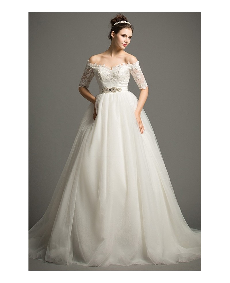 Dreamy Ball-gown Off-the-Shoulder Chapel Train Tulle Wedding Dress With Appliques Lace