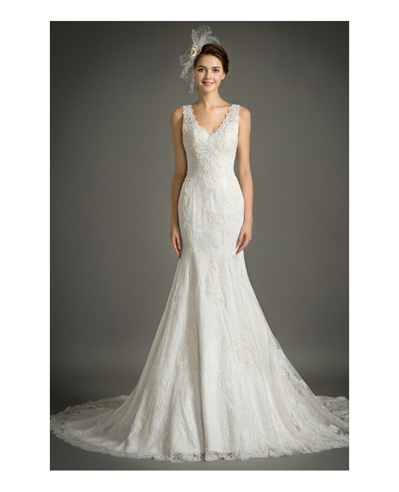 Feminine Mermaid V-neck Court Train Lace Wedding Dress With Ruffle