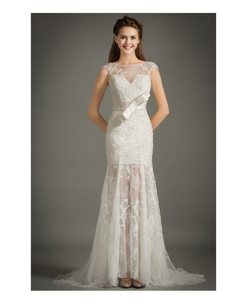 Feminine Mermaid High Neck Sweep Train Lace Tulle Wedding Dress With Cap Sleeves