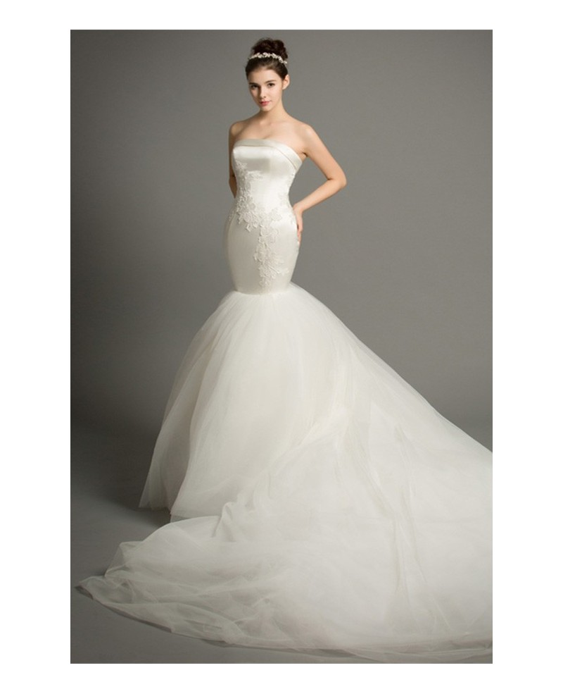 Dreamy Mermaid Strapless Cathedral Train Satin Tulle Wedding Dress