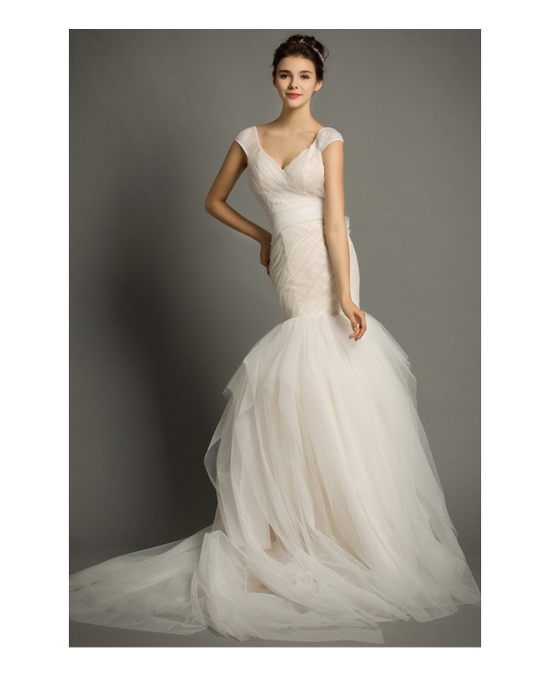 Modern Mermaid V-neck Court Train Tulle Wedding Dress With Ruffle