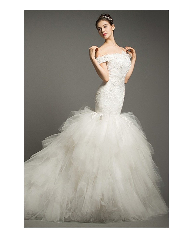 Luxury Mermaid Off-the-shoulder Cathedral Train Tulle Wedding Dress With Cascading Ruffle