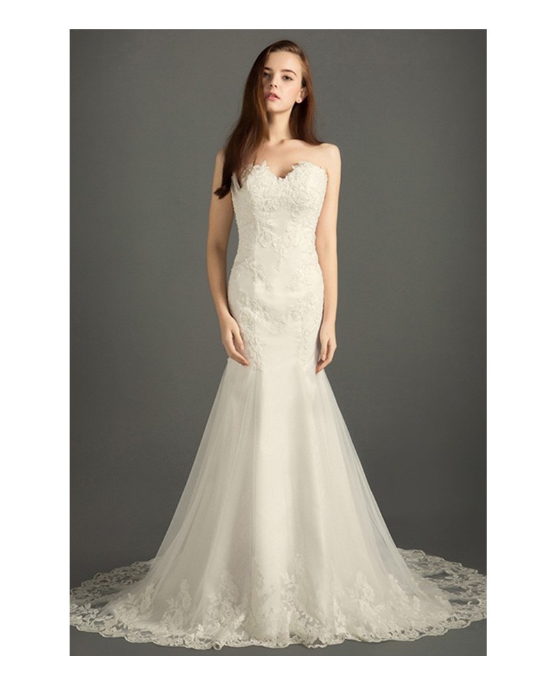 Classic Mermaid Sweetheart Sweep Train Tulle Wedding Dress With Appliques Lace - Click Image to Close